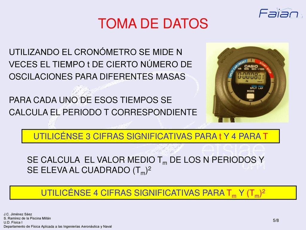 TOMA DE DATOS UTILIZANDO EL CRONÓMETRO SE MIDE N VECES EL TIEMPO t DE CIERTO NÚMERO DE OSCILACIONES PARA DIFERENTES MASAS.