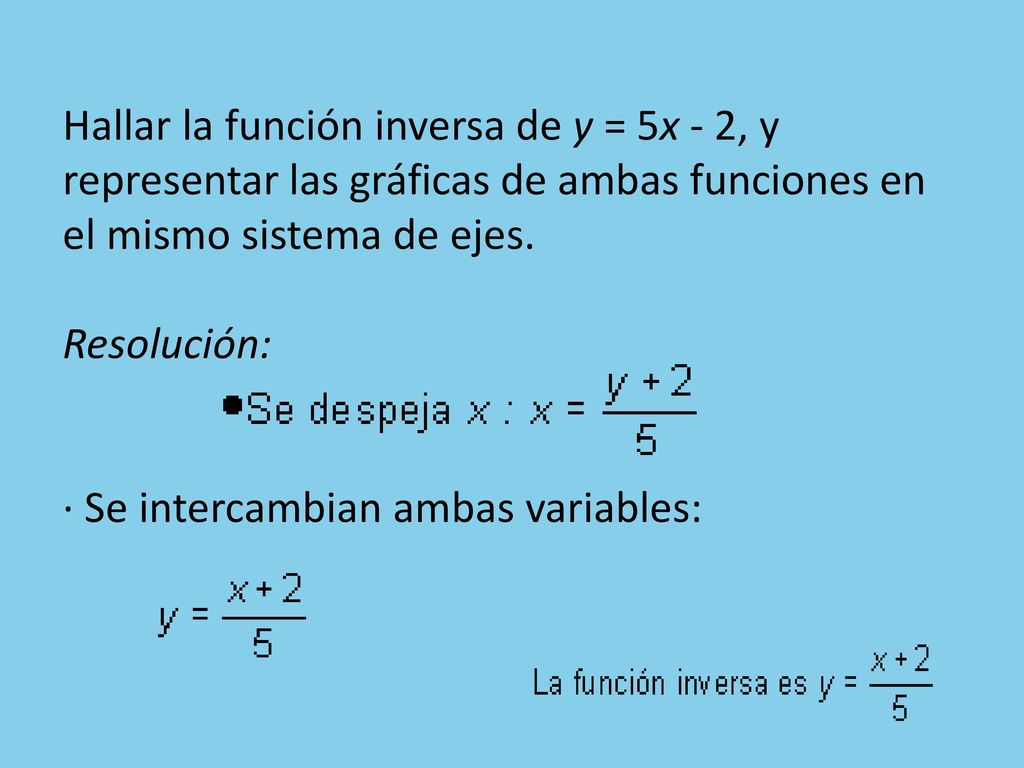 Hallar la función inversa de y = 5x - 2, y representar las gráficas de ambas funciones en el mismo sistema de ejes.