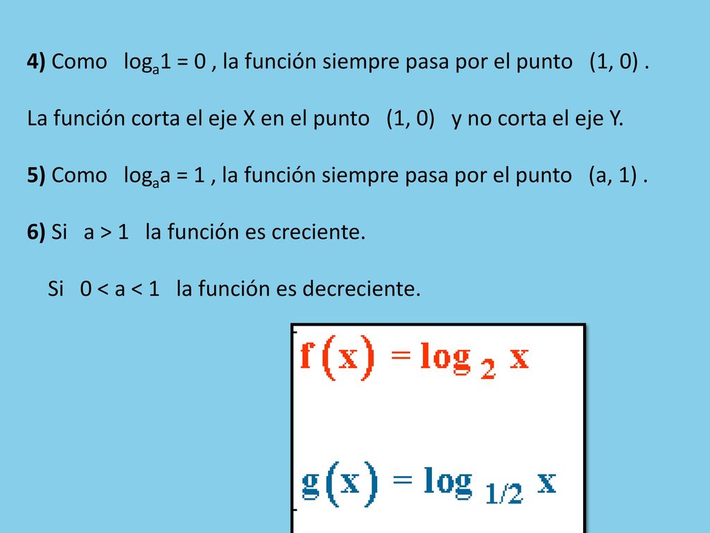 4) Como loga1 = 0 , la función siempre pasa por el punto (1, 0) .