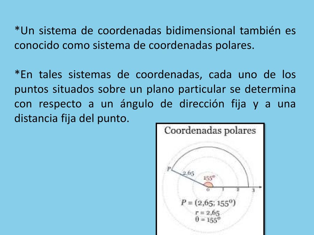 *Un sistema de coordenadas bidimensional también es conocido como sistema de coordenadas polares.