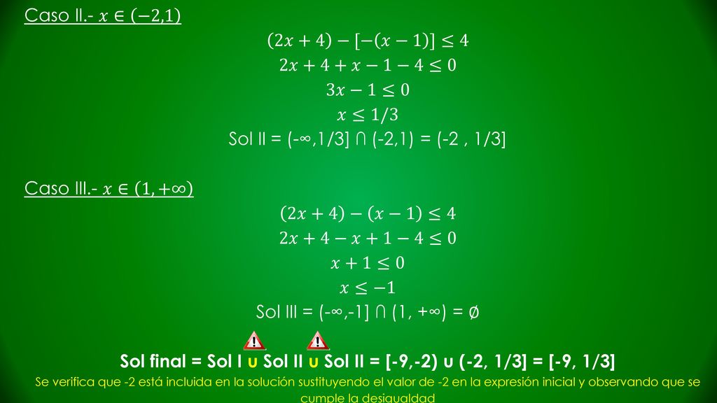 Sol II = (-∞,1/3] ∩ (-2,1) = (-2 , 1/3] Caso III.- 𝑥∈ 1,+∞