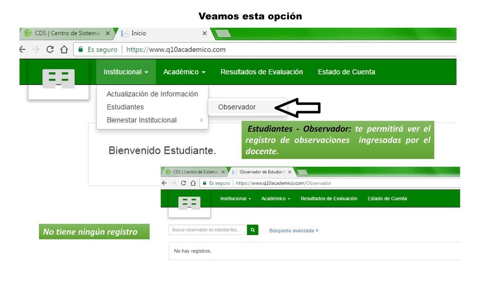 Veamos esta opción Estudiantes - Observador: te permitirá ver el registro de observaciones ingresadas por el docente.