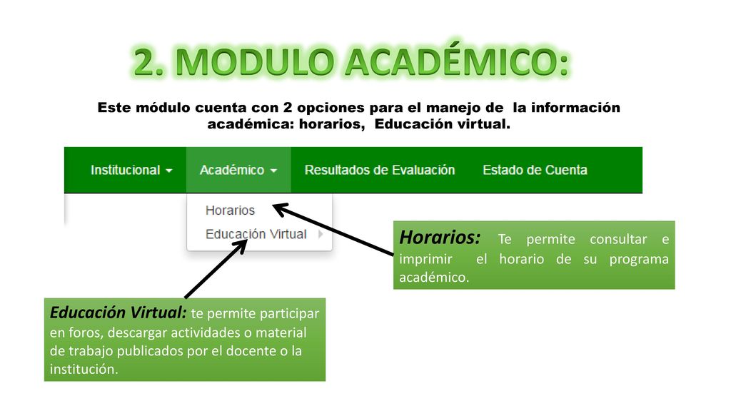 2. MODULO ACADÉMICO: Este módulo cuenta con 2 opciones para el manejo de la información académica: horarios, Educación virtual.
