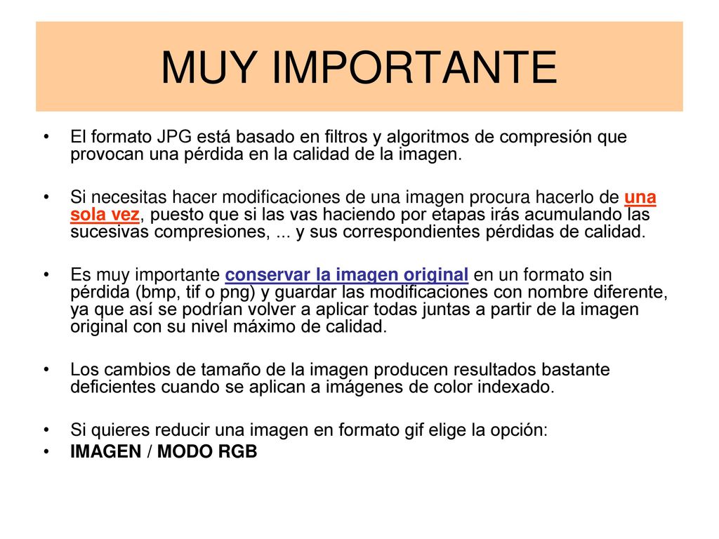 MUY IMPORTANTE El formato JPG está basado en filtros y algoritmos de compresión que provocan una pérdida en la calidad de la imagen.