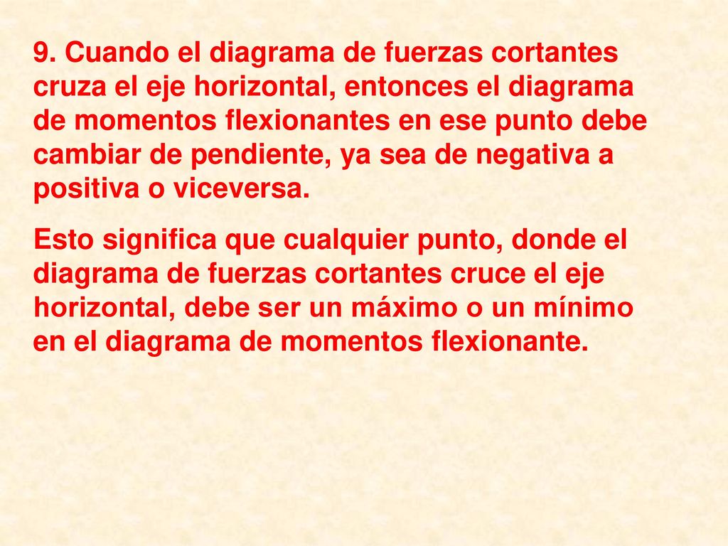 9. Cuando el diagrama de fuerzas cortantes cruza el eje horizontal, entonces el diagrama de momentos flexionantes en ese punto debe cambiar de pendiente, ya sea de negativa a positiva o viceversa.