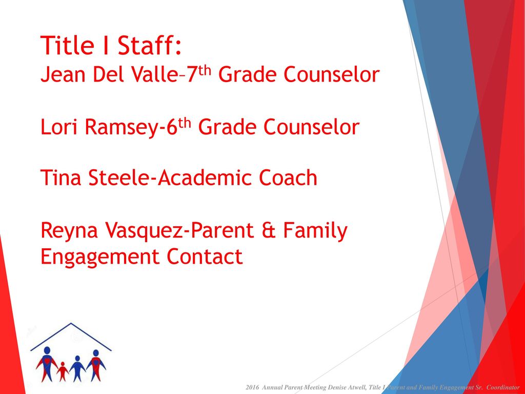 Title I Staff: Jean Del Valle–7th Grade Counselor Lori Ramsey-6th Grade Counselor Tina Steele-Academic Coach Reyna Vasquez-Parent & Family Engagement Contact