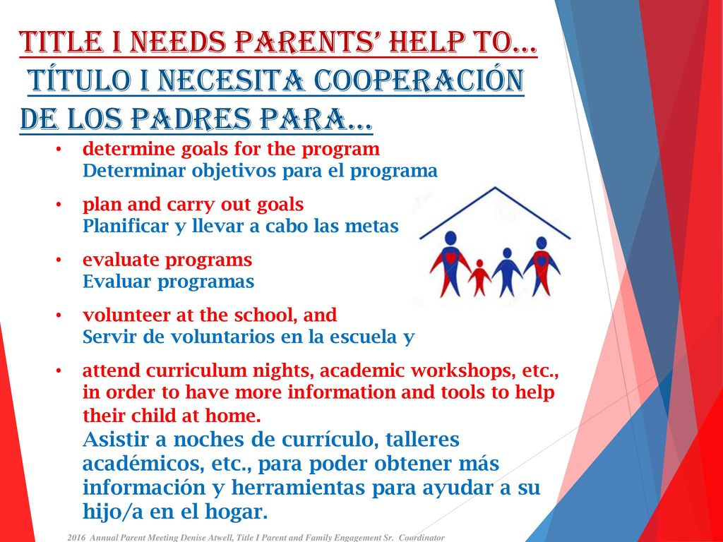 Title I Needs Parents’ Help to… Título I Necesita Cooperación de los Padres para…