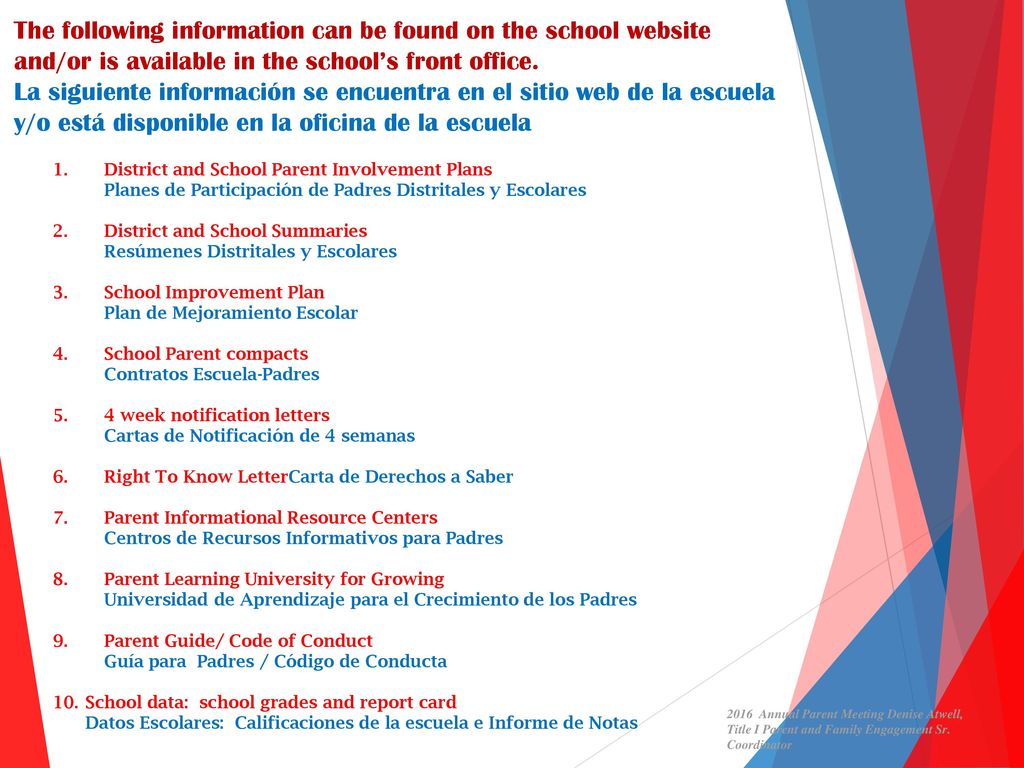 The following information can be found on the school website and/or is available in the school’s front office. La siguiente información se encuentra en el sitio web de la escuela y/o está disponible en la oficina de la escuela