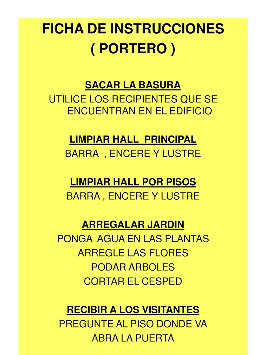 FICHA DE INSTRUCCIONES LIMPIAR HALL PRINCIPAL RECIBIR A LOS VISITANTES