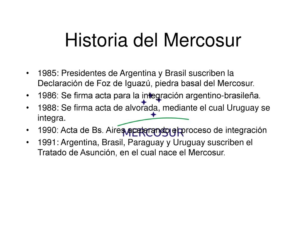 Historia del Mercosur 1985: Presidentes de Argentina y Brasil suscriben la Declaración de Foz de Iguazú, piedra basal del Mercosur.