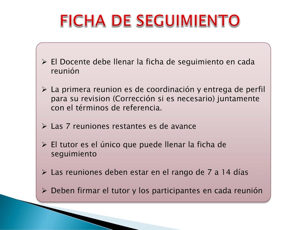 FICHA DE SEGUIMIENTO El Docente debe llenar la ficha de seguimiento en cada reunión.