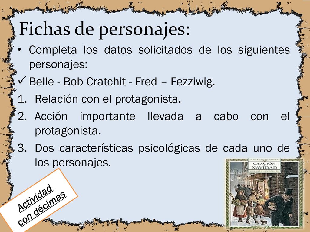 Fichas de personajes: Completa los datos solicitados de los siguientes personajes: Belle - Bob Cratchit - Fred – Fezziwig.