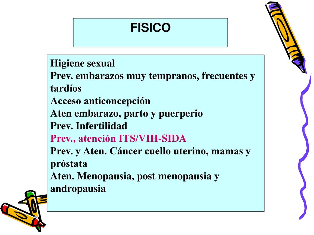 FISICO Higiene sexual. Prev. embarazos muy tempranos, frecuentes y tardíos. Acceso anticoncepción.