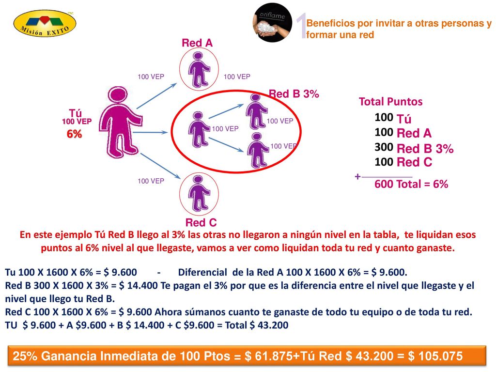 Total Puntos 100 Tú 300 6% Red A Red B 3% Red C Total = 6%