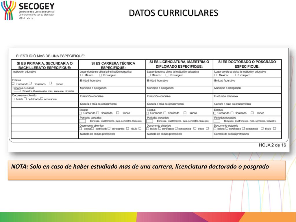 DATOS CURRICULARES NOTA: Solo en caso de haber estudiado mas de una carrera, licenciatura doctorado o posgrado.
