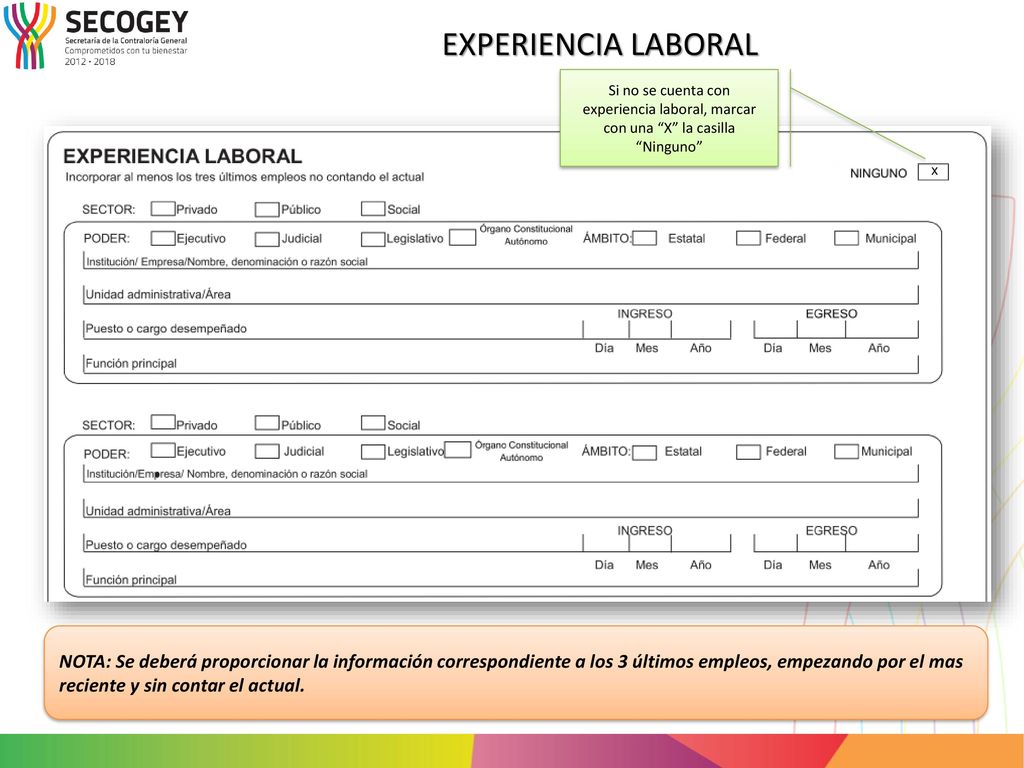 EXPERIENCIA LABORAL Si no se cuenta con experiencia laboral, marcar con una X la casilla Ninguno