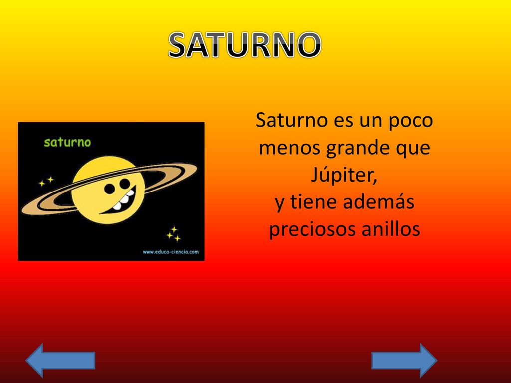 SATURNO Saturno es un poco menos grande que Júpiter, y tiene además preciosos anillos