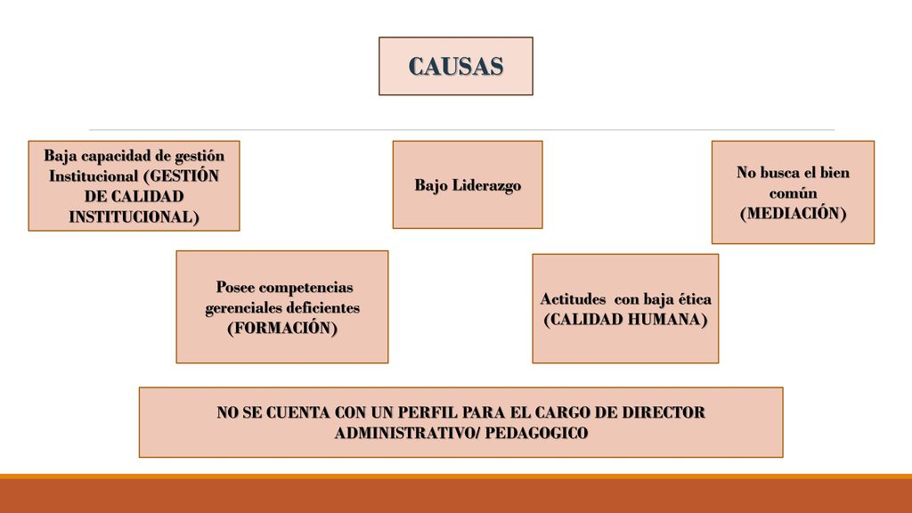 CAUSAS Baja capacidad de gestión Institucional (GESTIÓN DE CALIDAD INSTITUCIONAL) Bajo Liderazgo. No busca el bien común (MEDIACIÓN)