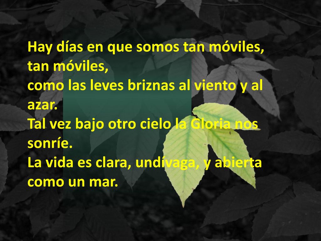 Hay días en que somos tan móviles, tan móviles, como las leves briznas al viento y al azar. Tal vez bajo otro cielo la Gloria nos sonríe. La vida es clara, undívaga, y abierta como un mar.