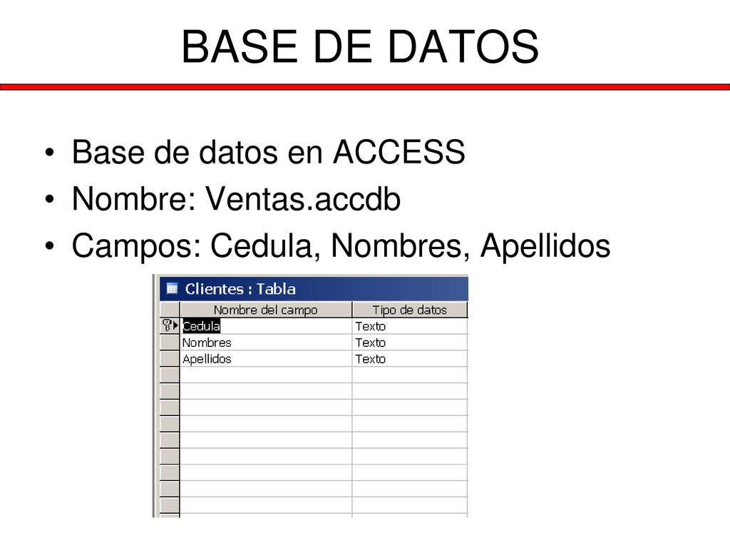 BASE DE DATOS Base de datos en ACCESS Nombre: Ventas.accdb