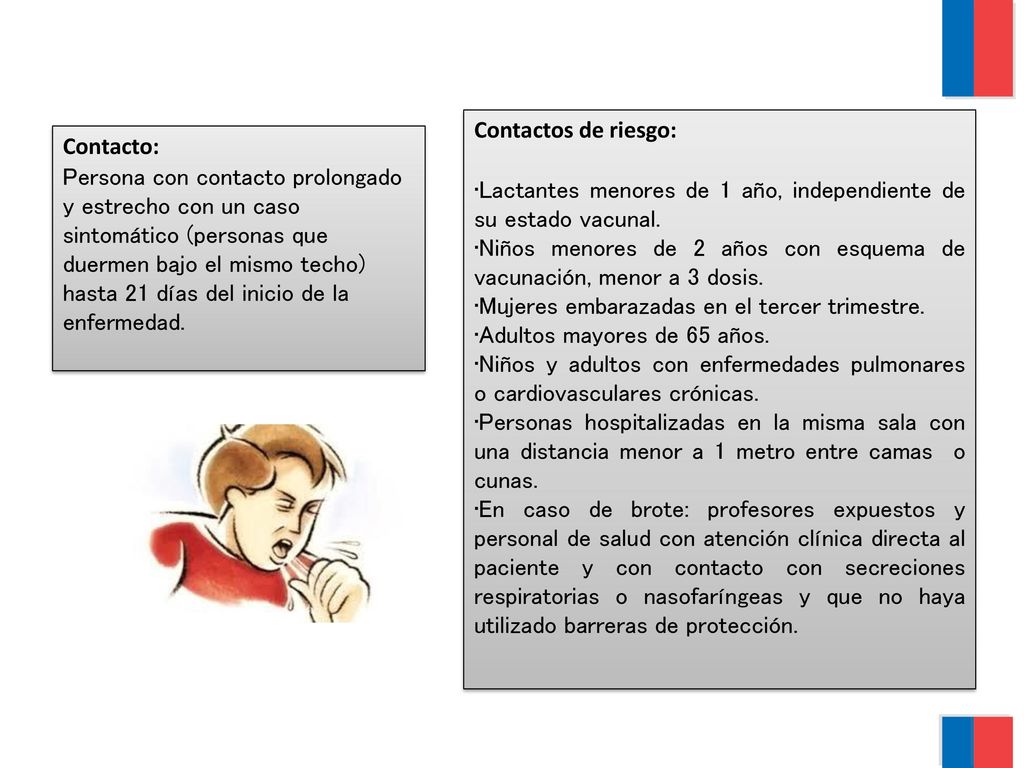 Contactos de riesgo: •Lactantes menores de 1 año, independiente de su estado vacunal.