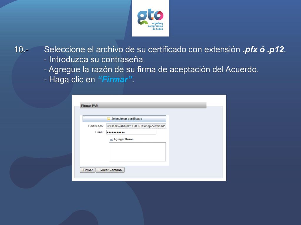 Seleccione el archivo de su certificado con extensión. pfx ó