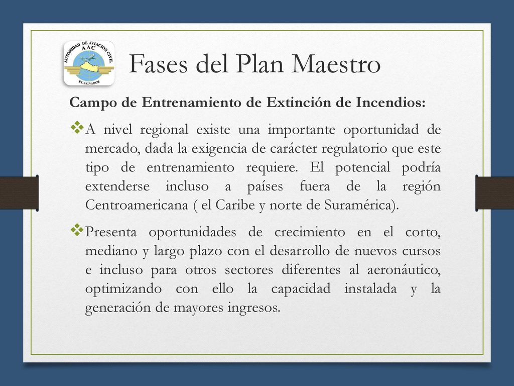 Fases del Plan Maestro Campo de Entrenamiento de Extinción de Incendios: