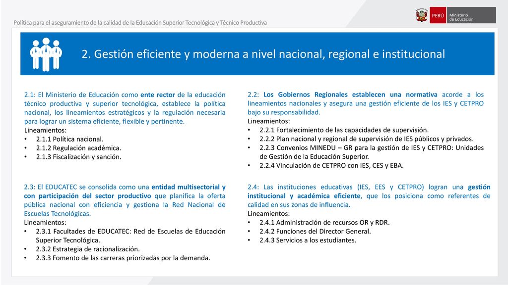 Política para el aseguramiento de la calidad de la Educación Superior Tecnológica y Técnico Productiva