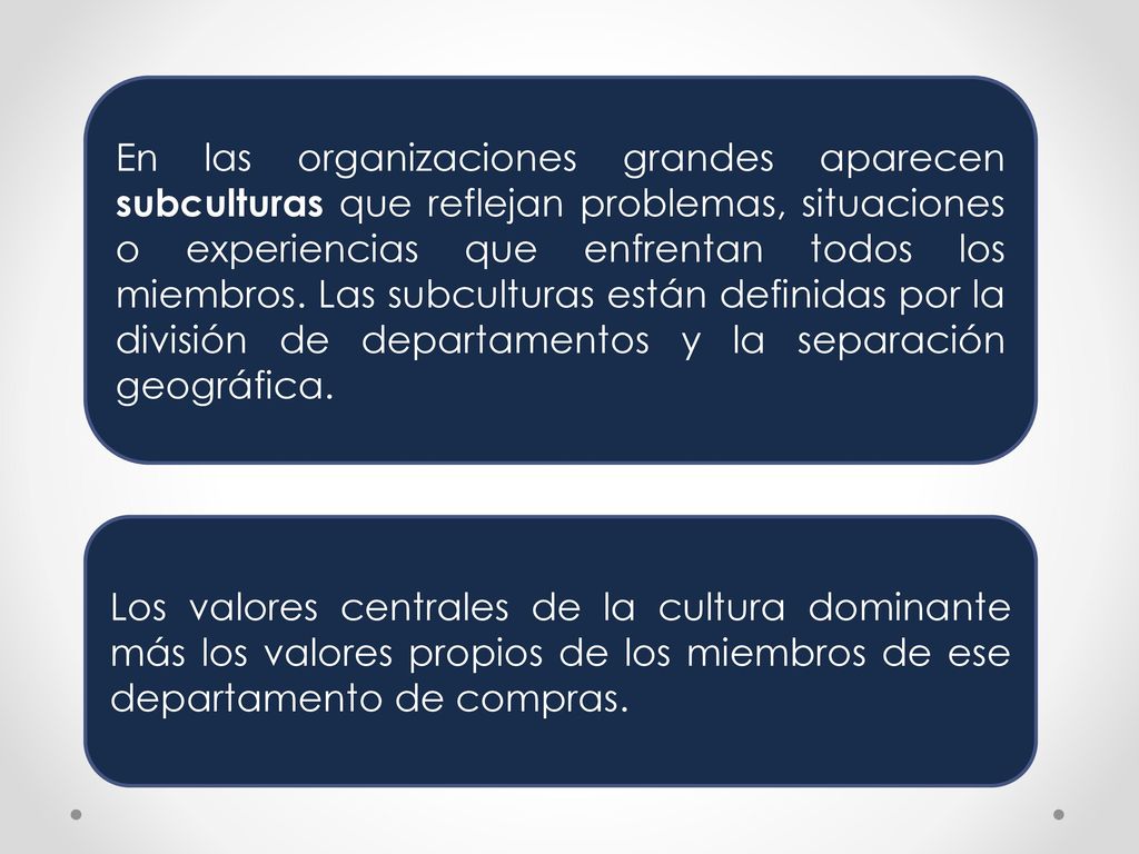En las organizaciones grandes aparecen subculturas que reflejan problemas, situaciones o experiencias que enfrentan todos los miembros. Las subculturas están definidas por la división de departamentos y la separación geográfica.