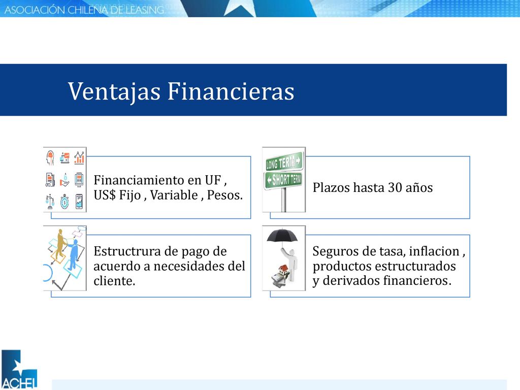 Beneficios Leasing Permite rebajar las cuotas, de la base imponible, incluido los terrenos. No paga impuesto al crédito 0,8%