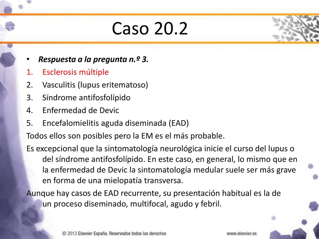 Caso 20.2 Respuesta a la pregunta n.º 3. Esclerosis múltiple