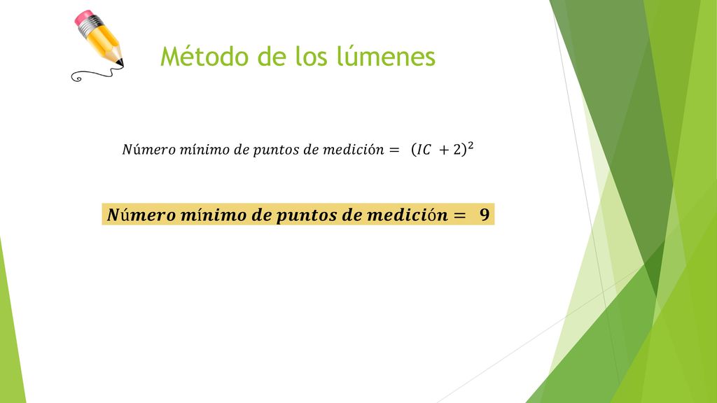 Método de los lúmenes 𝑵ú𝒎𝒆𝒓𝒐 𝒎í𝒏𝒊𝒎𝒐 𝒅𝒆 𝒑𝒖𝒏𝒕𝒐𝒔 𝒅𝒆 𝒎𝒆𝒅𝒊𝒄𝒊ó𝒏= 𝟗