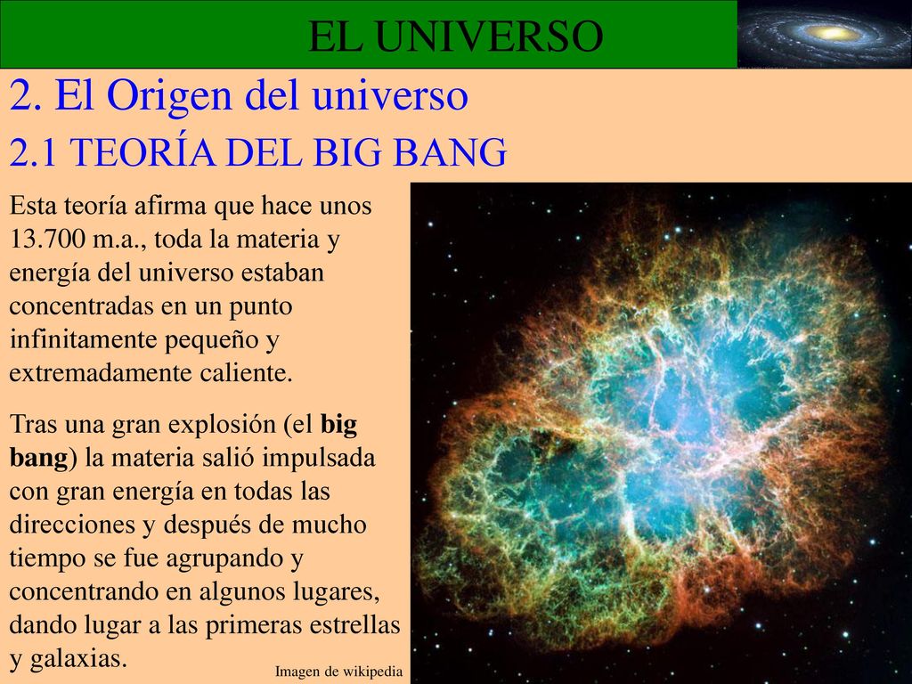 EL UNIVERSO 2. El Origen del universo 2.1 TEORÍA DEL BIG BANG