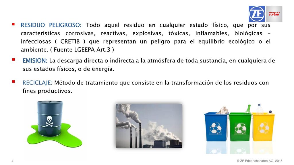 RESIDUO PELIGROSO: Todo aquel residuo en cualquier estado físico, que por sus características corrosivas, reactivas, explosivas, tóxicas, inflamables, biológicas – infecciosas ( CRETIB ) que representan un peligro para el equilibrio ecológico o el ambiente. ( Fuente LGEEPA Art.3 )