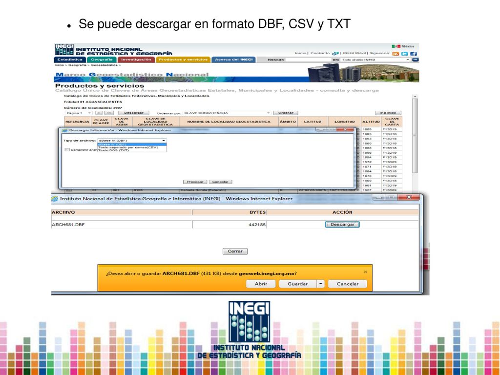Se puede descargar en formato DBF, CSV y TXT