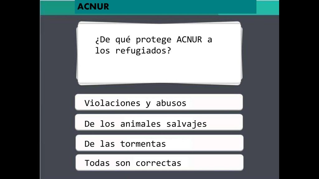 ACNUR ¿De qué protege ACNUR a los refugiados Violaciones y abusos. De los animales salvajes. De las tormentas.