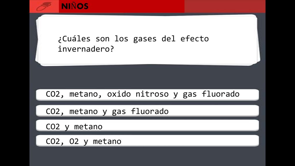 NIÑOS ¿Cuáles son los gases del efecto invernadero CO2, metano, oxido nitroso y gas fluorado. CO2, metano y gas fluorado.