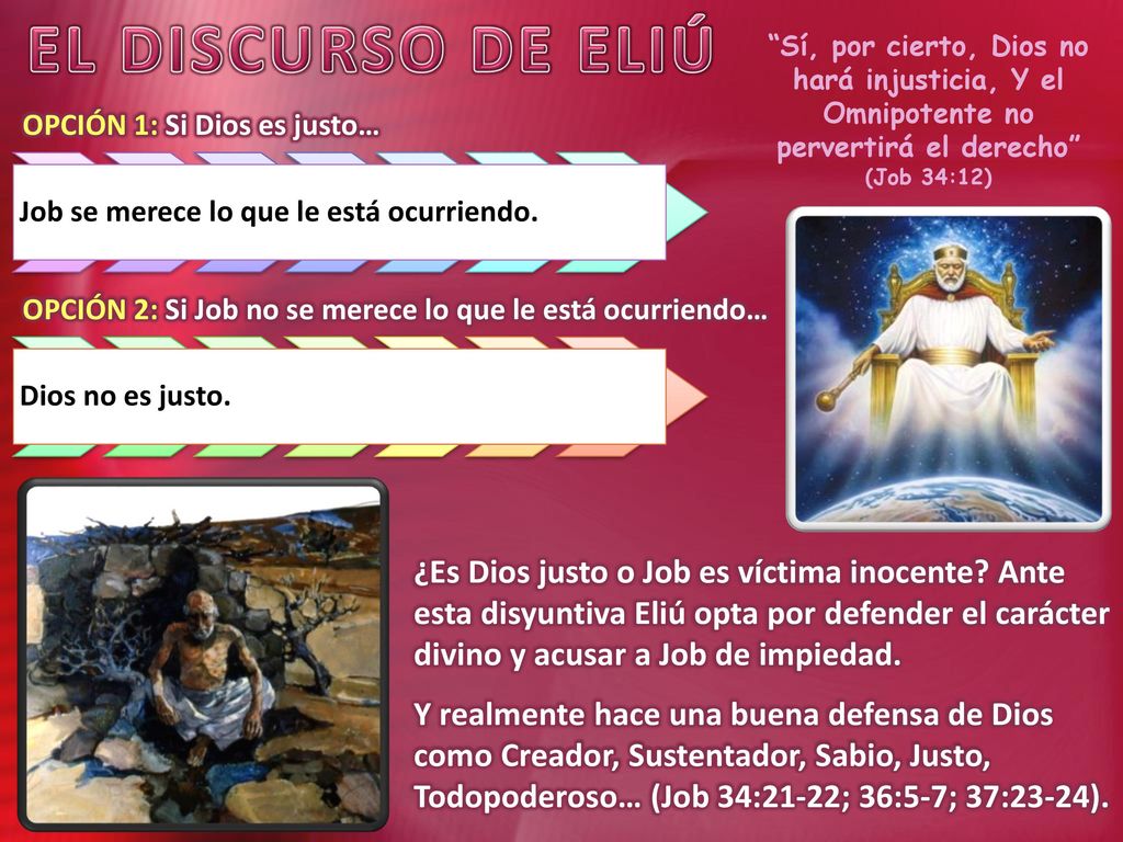 EL DISCURSO DE ELIÚ Sí, por cierto, Dios no hará injusticia, Y el Omnipotente no pervertirá el derecho (Job 34:12)
