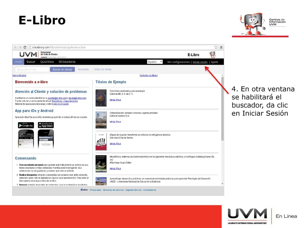 E-Libro 4. En otra ventana se habilitará el buscador, da clic en Iniciar Sesión