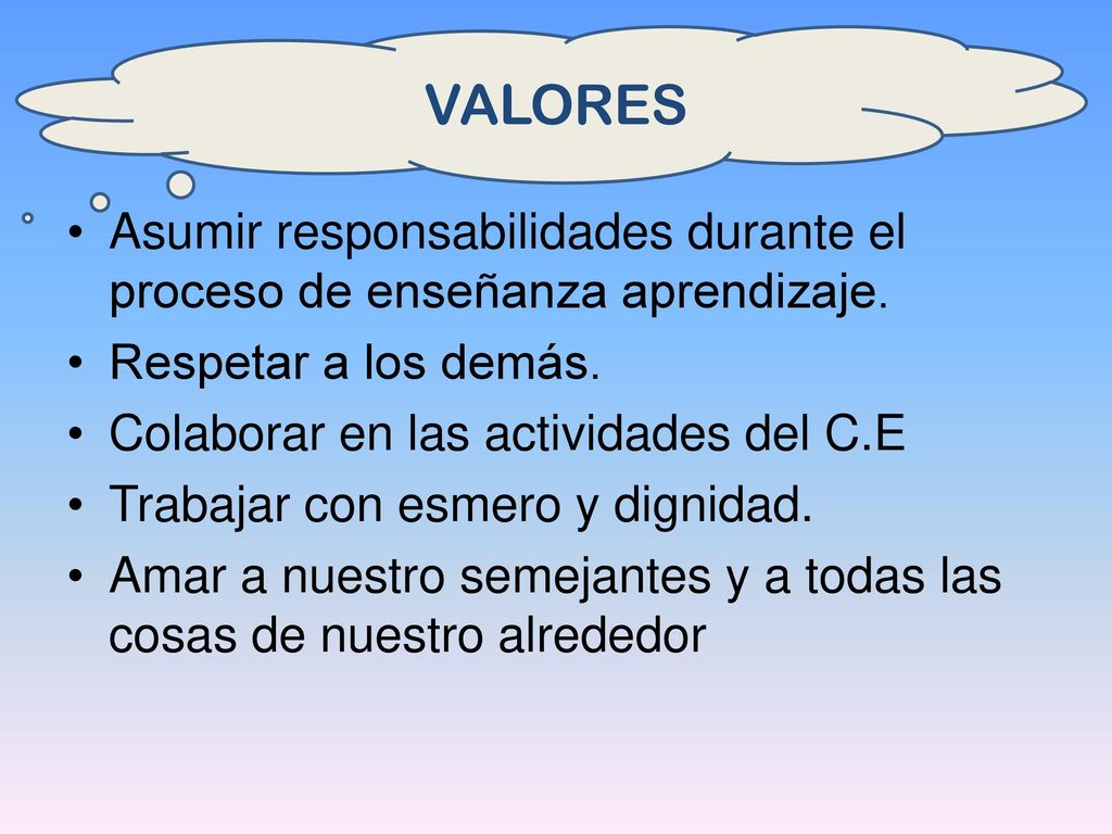 VALORES Asumir responsabilidades durante el proceso de enseñanza aprendizaje. Respetar a los demás.