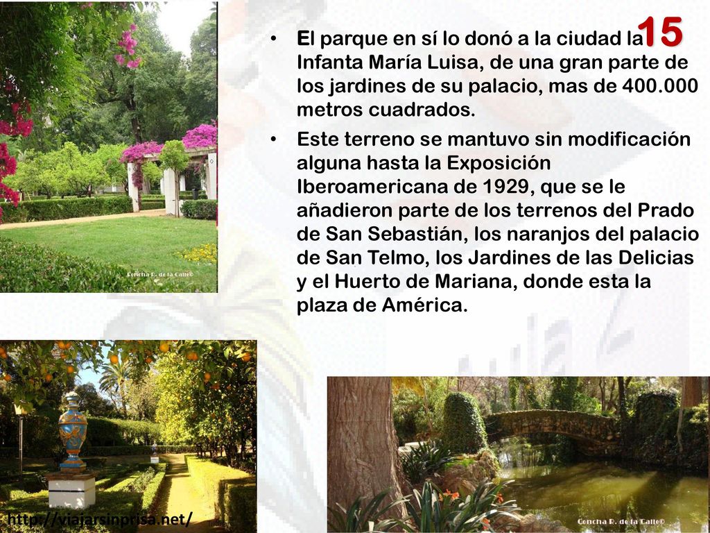 15 El parque en sí lo donó a la ciudad la Infanta María Luisa, de una gran parte de los jardines de su palacio, mas de metros cuadrados.
