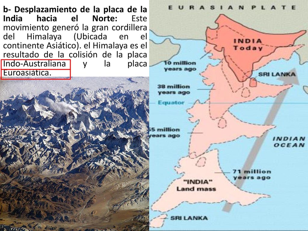 b- Desplazamiento de la placa de la India hacia el Norte: Este movimiento generó la gran cordillera del Himalaya (Ubicada en el continente Asiático). el Himalaya es el resultado de la colisión de la placa Indo-Australiana y la placa Euroasiática.