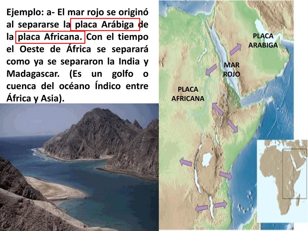 Ejemplo: a- El mar rojo se originó al separarse la placa Arábiga de la placa Africana. Con el tiempo el Oeste de África se separará como ya se separaron la India y Madagascar. (Es un golfo o cuenca del océano Índico entre África y Asia).