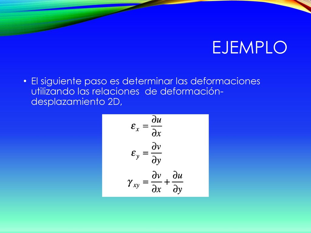 EJEMPLO El siguiente paso es determinar las deformaciones utilizando las relaciones de deformación- desplazamiento 2D,
