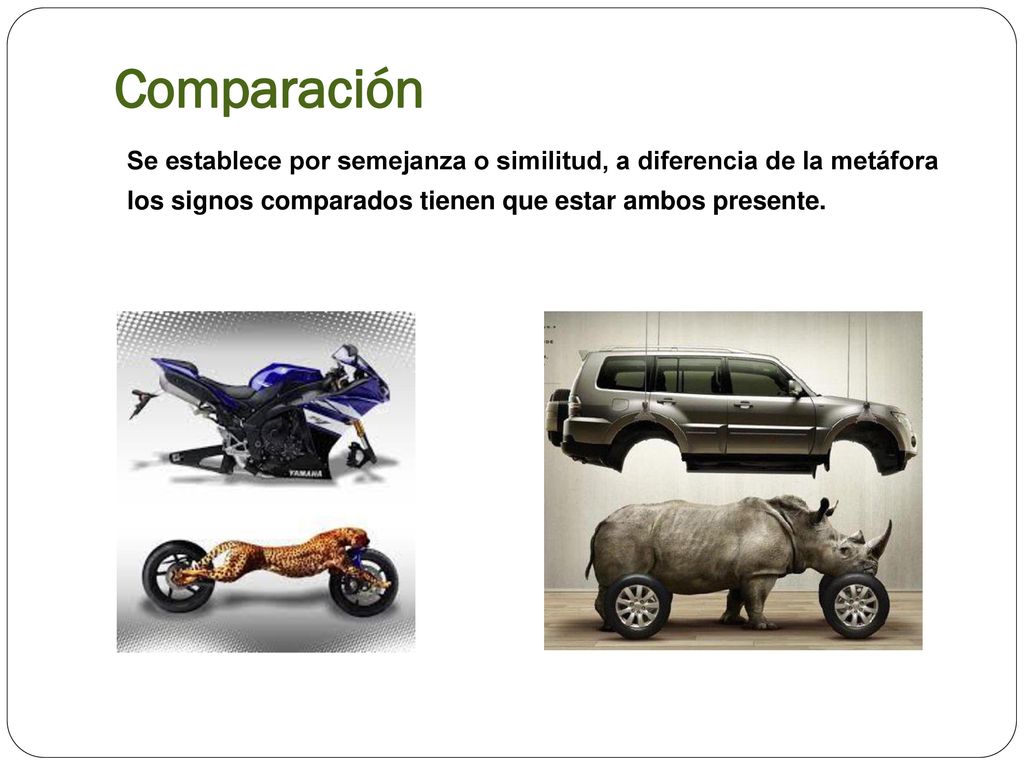 Comparación Se establece por semejanza o similitud, a diferencia de la metáfora los signos comparados tienen que estar ambos presente.