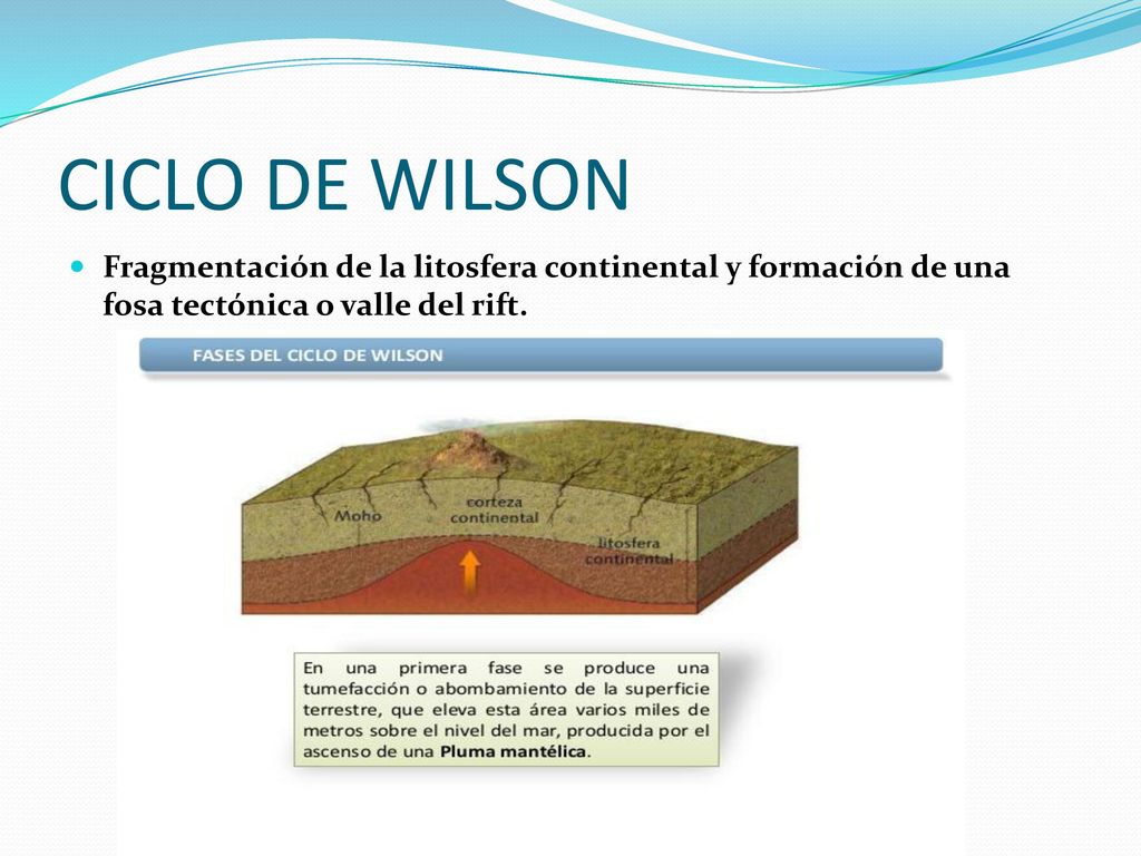 CICLO DE WILSON Fragmentación de la litosfera continental y formación de una fosa tectónica o valle del rift.