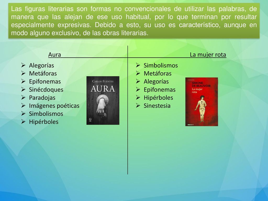 Las figuras literarias son formas no convencionales de utilizar las palabras, de manera que las alejan de ese uso habitual, por lo que terminan por resultar especialmente expresivas. Debido a esto, su uso es característico, aunque en modo alguno exclusivo, de las obras literarias.