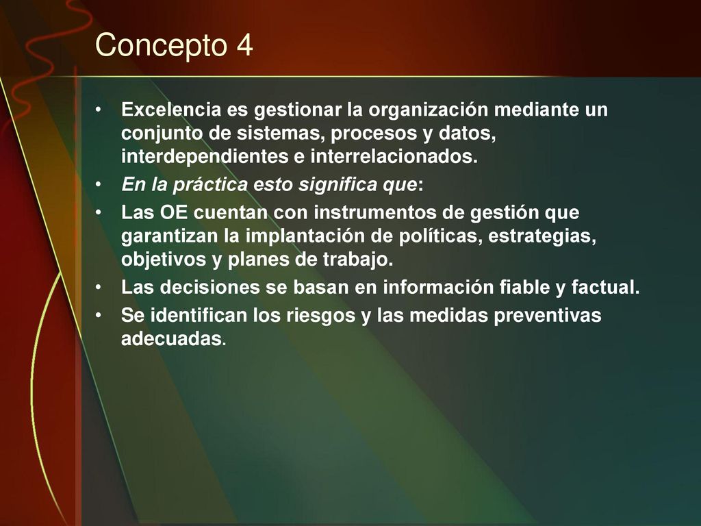 Concepto 4 Excelencia es gestionar la organización mediante un conjunto de sistemas, procesos y datos, interdependientes e interrelacionados.