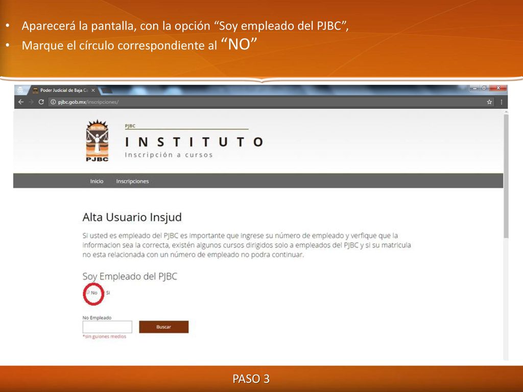 Aparecerá la pantalla, con la opción Soy empleado del PJBC ,