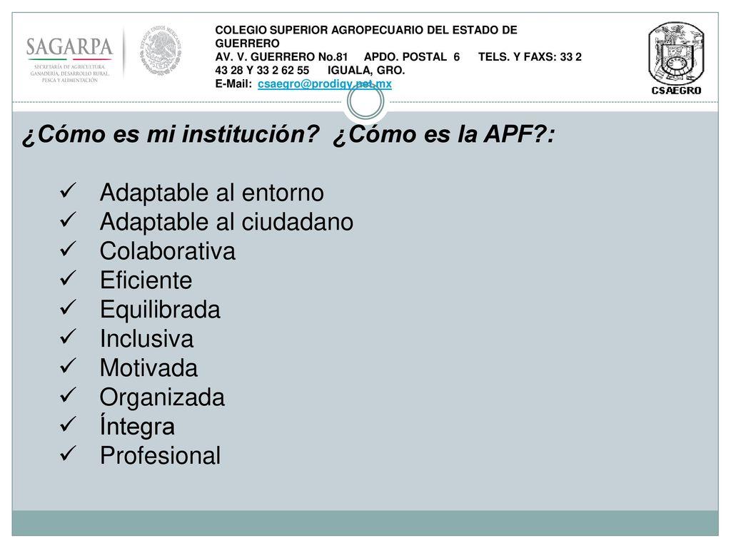 ¿Cómo es mi institución ¿Cómo es la APF : Adaptable al entorno